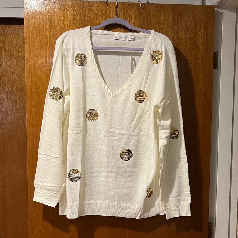 White sweater with gold sequin dots